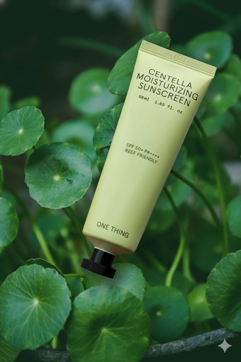 Centella sunscreen tube among centella leaves